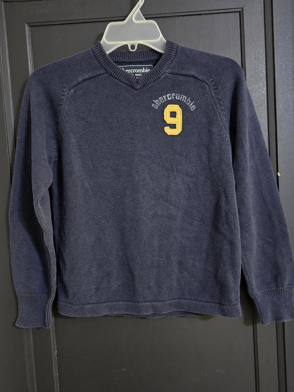 Abercrombie & Fitch Navy Knit V-Neck Sweater with Yellow '9' Patch